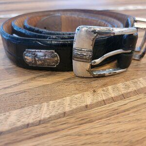 Black Leather Golf Embossed Medallions Croc Print Belt